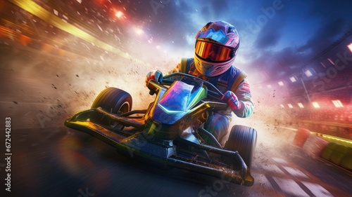 a skilled racer donned in a safety uniform, competing in a high-stakes tournament, conveying the thrill of the race. © lililia