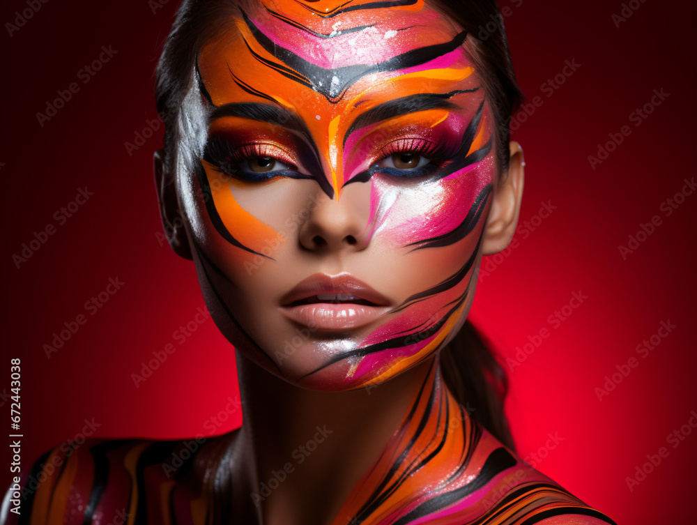 A woman with stripped painted face and body art