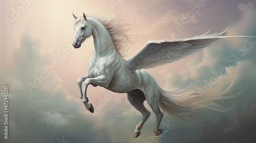  a painting of a white horse with wings flying through the air with clouds in the background and a pink sky with white clouds.  generative ai