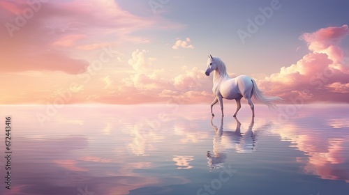  a white horse standing in the middle of a body of water with a sky in the background and clouds in the sky. generative ai