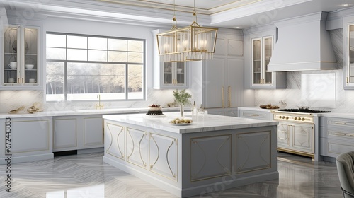 a luxury kitchen sink, the intricate herringbone backsplash tiles, the pristine white marble countertop, and the opulent gold faucet, the elegance of this kitchen design. © lililia