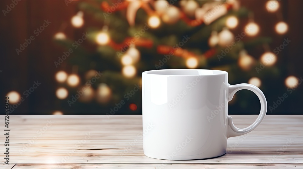 a white coffee mug sitting on top of a wooden table next to a christmas tree with lights in the background.  generative ai