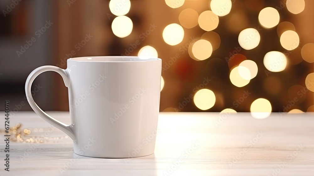 a white coffee cup sitting on top of a table next to a christmas tree with lights in the back ground. generative ai a white coffee cup sitting on top of a table next to a christmas tree with lights in the back ground. generative ai