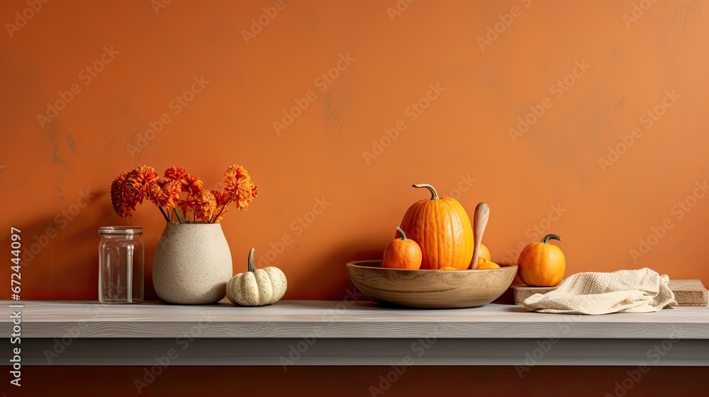 an empty kitchen counter set, offering an ideal backdrop for product presentation or branding during the autumn food season, the presence of a basket, a vibrant pumpkin,