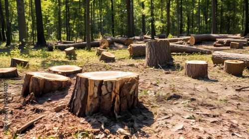 Deforestation Impact: Tree Stumps in a Summer Forest
