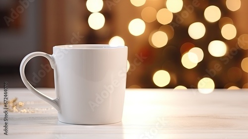  a white coffee cup sitting on top of a table next to a christmas tree with lights in the back ground. generative ai