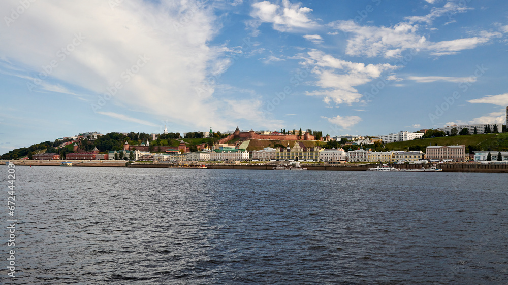 Russia. Travel along the Volga River. City of Nizhny Novgorod. Panorama of the Kremlin from the ship