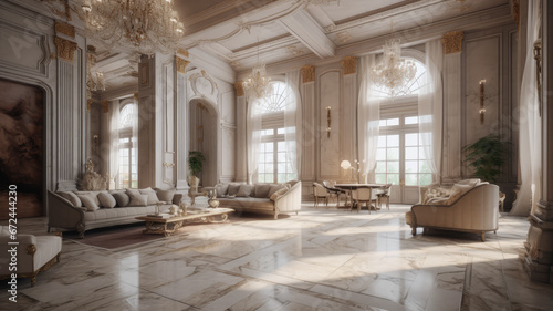 Interior of a luxury design home with big windows and awesome details - generative AI