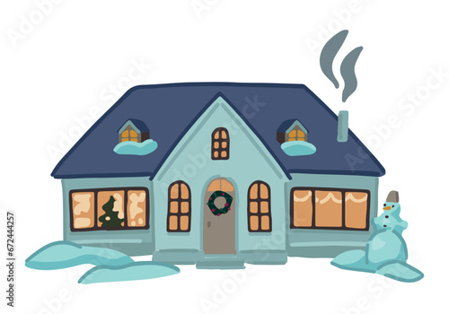 Cozy winter time house. Doodle of snow-covered country scene. Cartoon vector illustration. Contemporary clip art isolated on white.