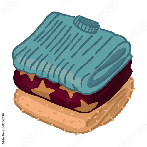 Doodle of stack of warm sweaters. Cartoon clipart of winter wear. Vector illustration isolated on white background.