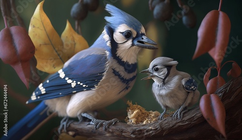 Blue jay bird and baby feeding realistic Ai generated art photo