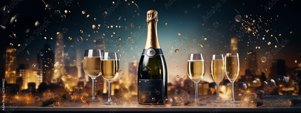 New Year's 2024 celebration with champagne and fireworks, generative AI - obrazy, fototapety, plakaty 
