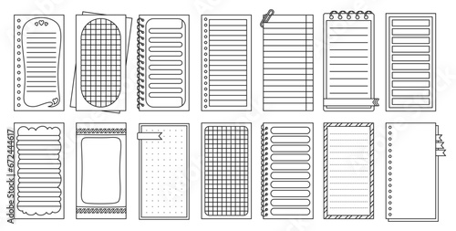 Notepaper lined or grid Notepads outline set. Blank weekly daily planner, note paper to do list, sticker template page collection. Stationery copybook elements planning. Isolated vector illustration