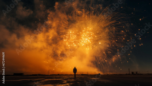 Silhouette of a Man Watching New Year 2024 Fireworks  Generative AI