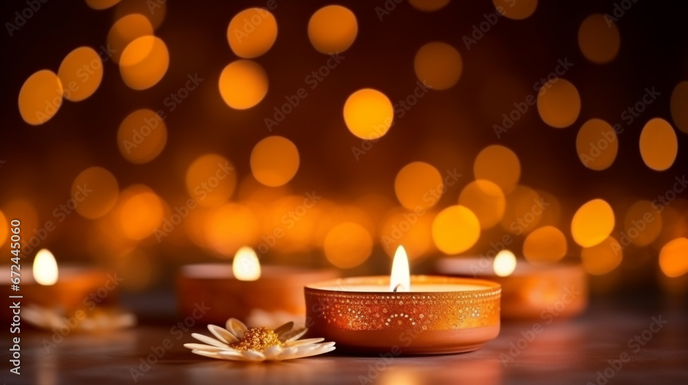 Diwali candles in orange bokeh background in Indian festive. Placed on the table. Copy space setting out. Diwali candles in orange bokeh background in Indian festive. Placed on the table. Copy space setting out.