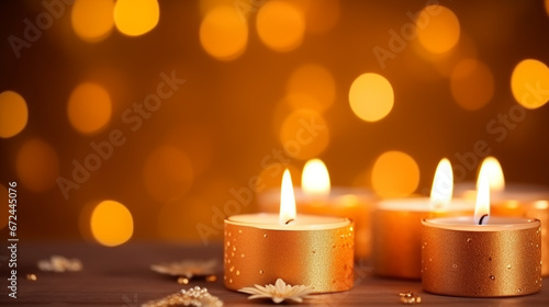 Diwali candles in orange bokeh background in Indian festive. Placed on the table. Copy space setting out.