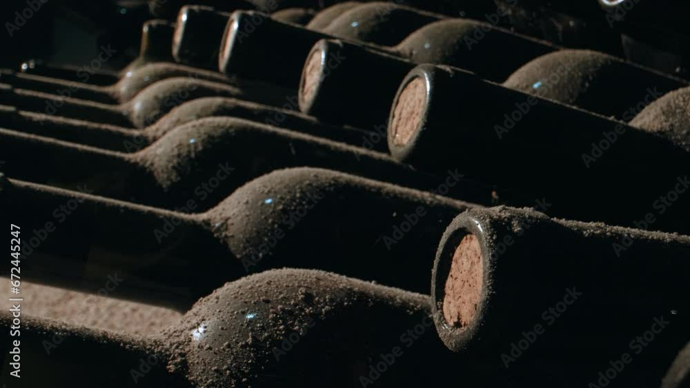Tracking Close Shot of Old Aged Stacked Wine Bottles in a Cellar Tracking Close Shot of Old Aged Stacked Wine Bottles in a Cellar