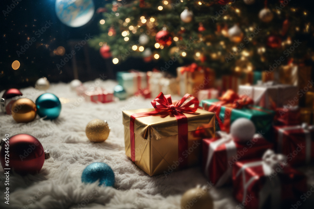 Obraz premium Gift boxes under Christmas tree. New Year and Christmas design. Holiday banner, web poster, flyer, stylish brochure, greeting card, cover. Xmas background with bokeh