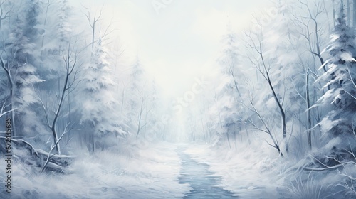  a painting of a snowy forest scene with a stream running through the center of the picture and trees on both sides of the path.  generative ai © Olga