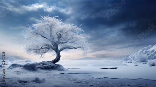  a tree in the middle of a snowy landscape with a blue sky in the background and white clouds in the sky.  generative ai