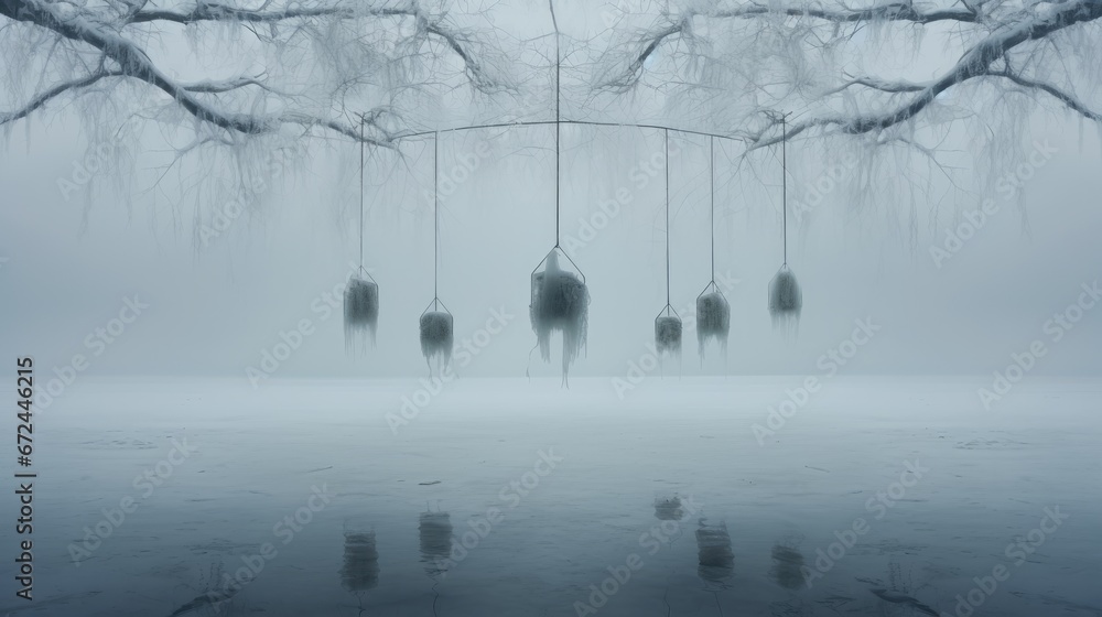  a foggy day with a bunch of bottles hanging from the branches of a tree in front of a body of water.  generative ai - obrazy, fototapety, plakaty 
