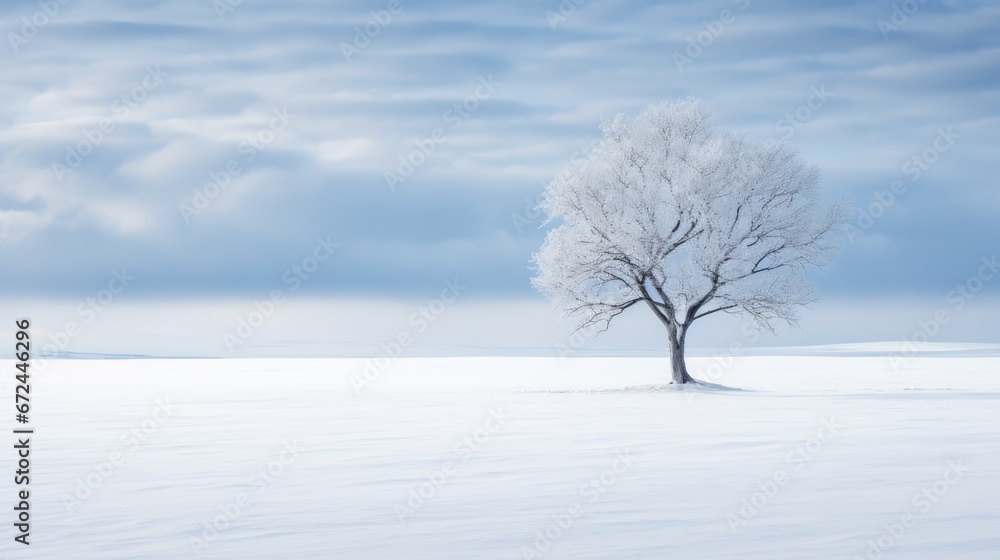 a lone tree stands alone in the middle of a snow - covered field with a blue sky in the background. generative ai a lone tree stands alone in the middle of a snow - covered field with a blue sky in the background. generative ai