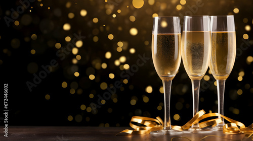 Two Glasses of champagne at new year party with copy space text bokeh background