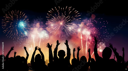 Back view of peoples watching new year fireworks on the sky by night celebrating happy new year