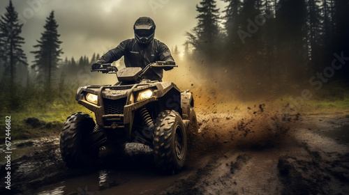 All-terrain ATV Quad Rider on blurred motion mud dirt road at rainy photo