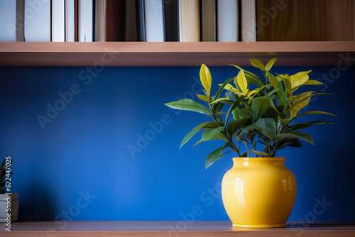 Interior Scene and Mockup. Wooden table and blue wall, green plant on the table.