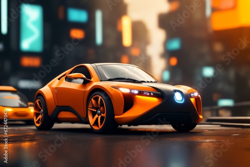 a brand-less generic concept car. Orange sports car on the background of the night city. © whitecityrecords