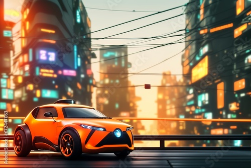 a brand-less generic concept car. Modern orange car on the road in the city.  © whitecityrecords