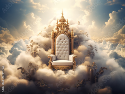 A white throne in the middle of white clouds. A throne in the sky.