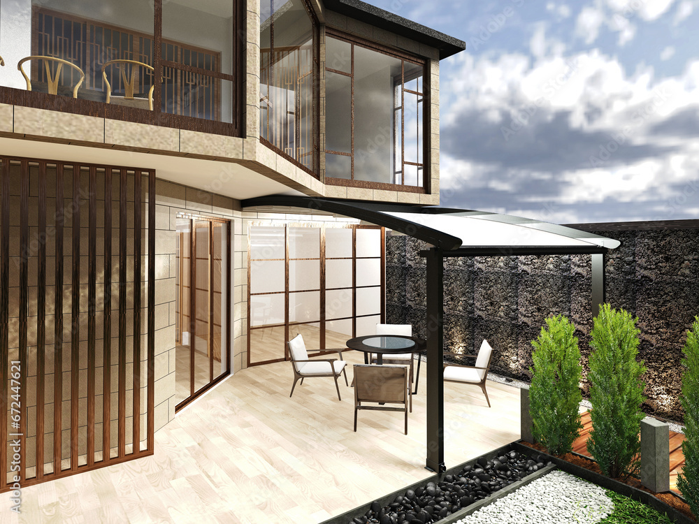 modern house with balcony pergola. 3d render modern house with balcony pergola. 3d render