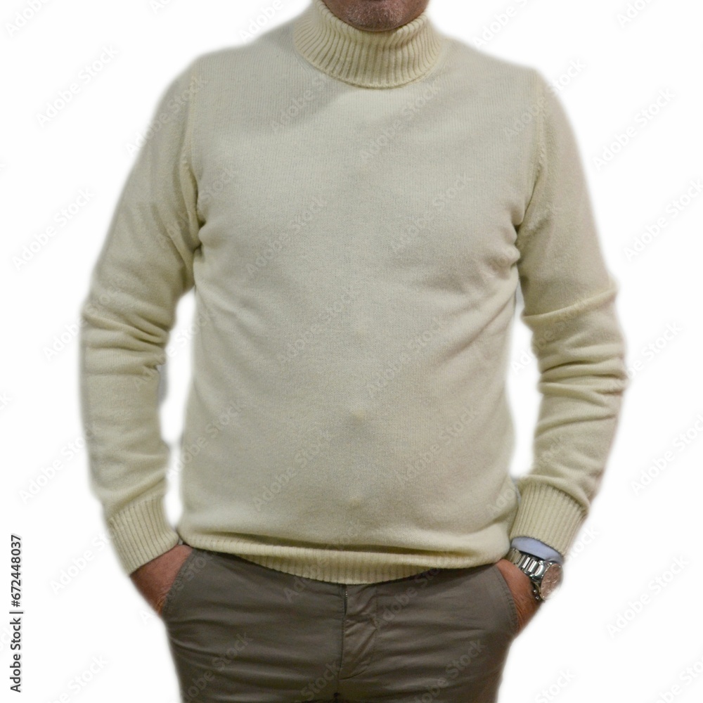 man in a white high-neck wool sweater and trousers on a white background. Front  view