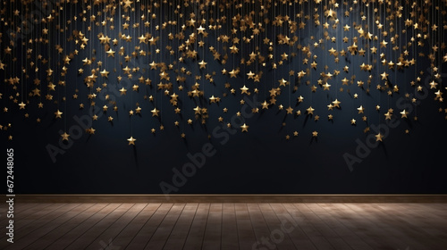 Empty room with gold stars on night wall. generative ai