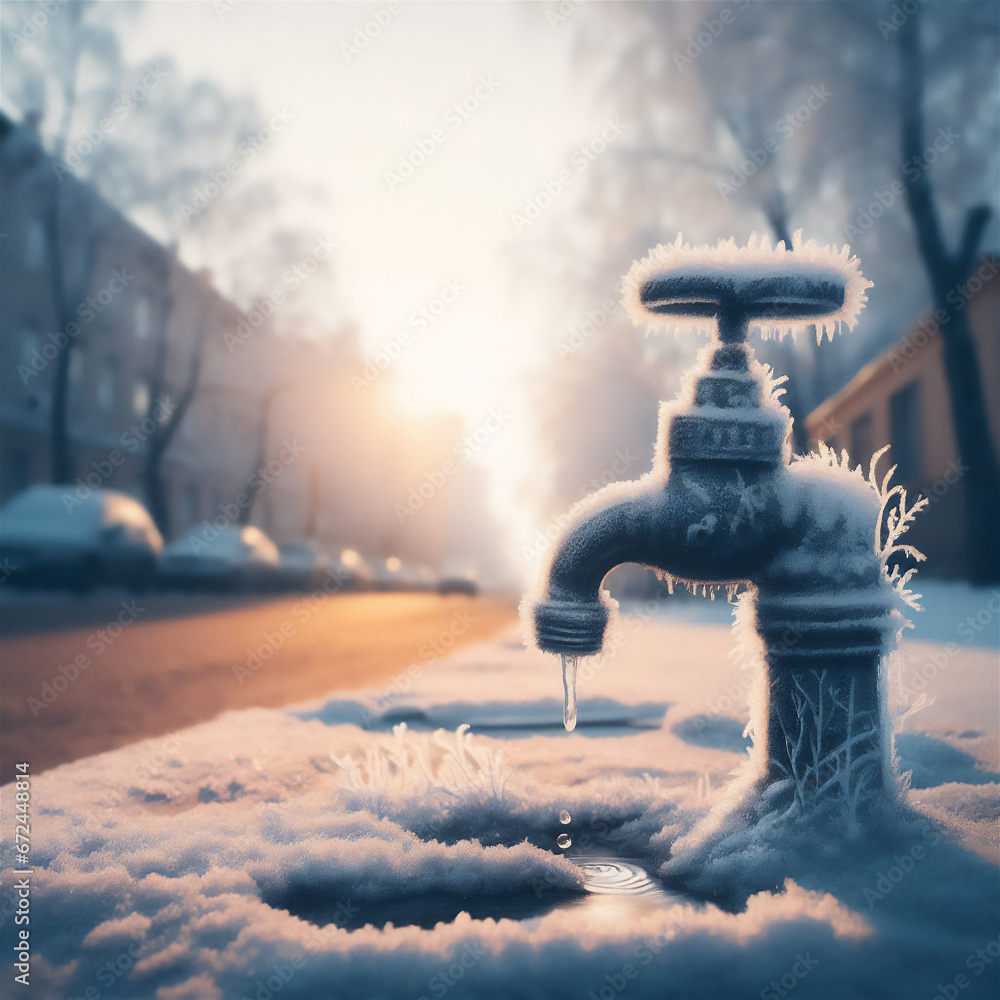 Frozen tap on a snowy street on a winter morning - obrazy, fototapety, plakaty 