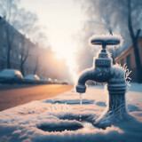Frozen tap on a snowy street on a winter morning