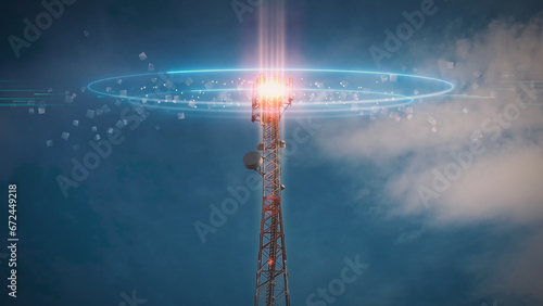 5G 4G Telecommunication tower. Telecom Antenna and Satellite Mobile Signals and Radio Waves Animation concept photo