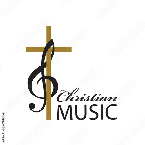 christian music emblem with cross and treble clef isolated on white background