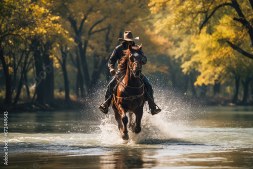 a cowboy rides a horse across a river against a blurred forest background