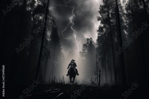 black and white scene of a cowboy riding a horse through the Forest in Lightning Storm