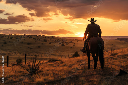 Cowboy horseman riding a horse in desert against mountain suset background photo
