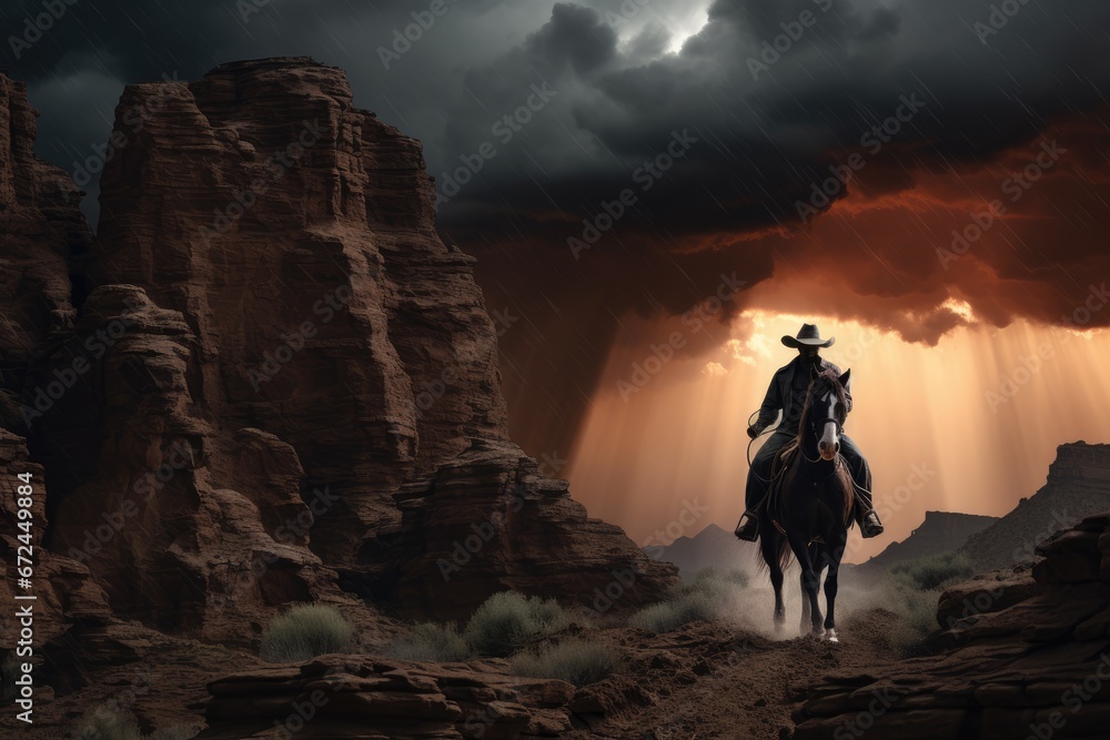 Dramatic Sunset Over Rugged Canyon with Cowboy