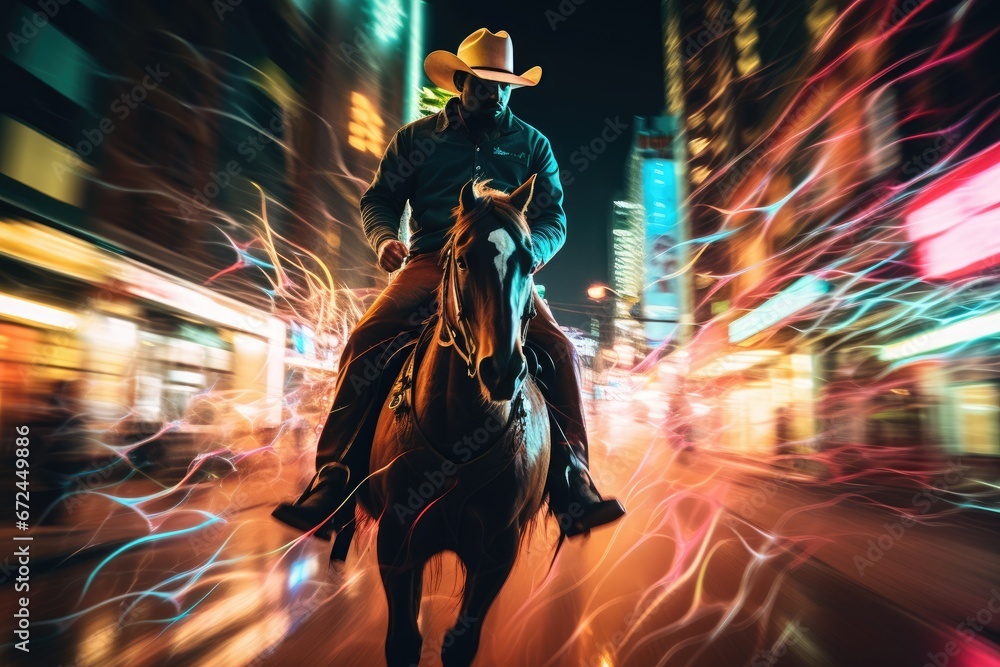 Horse Ride in the Modern City street under the neon lights