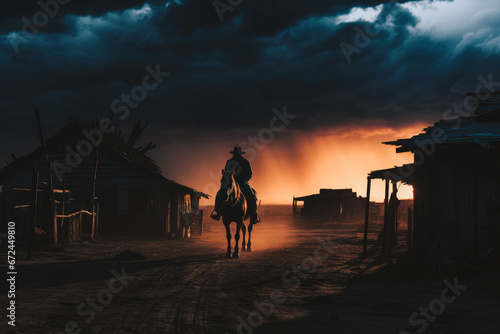 Cowboy Riding through ghost town under stormy clouds