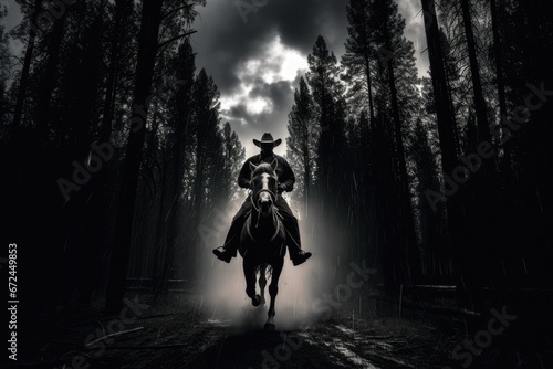 Dramatic horseman Silhouette Riding horse Through the Forest path in stormy rainy weather, black and white photo