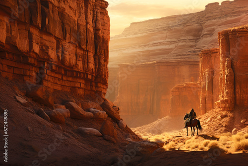 horseman is riding a horse through a canyon photo