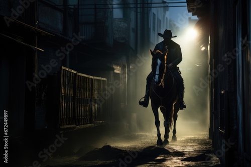 lone cowboy ride in western town alley at night photo