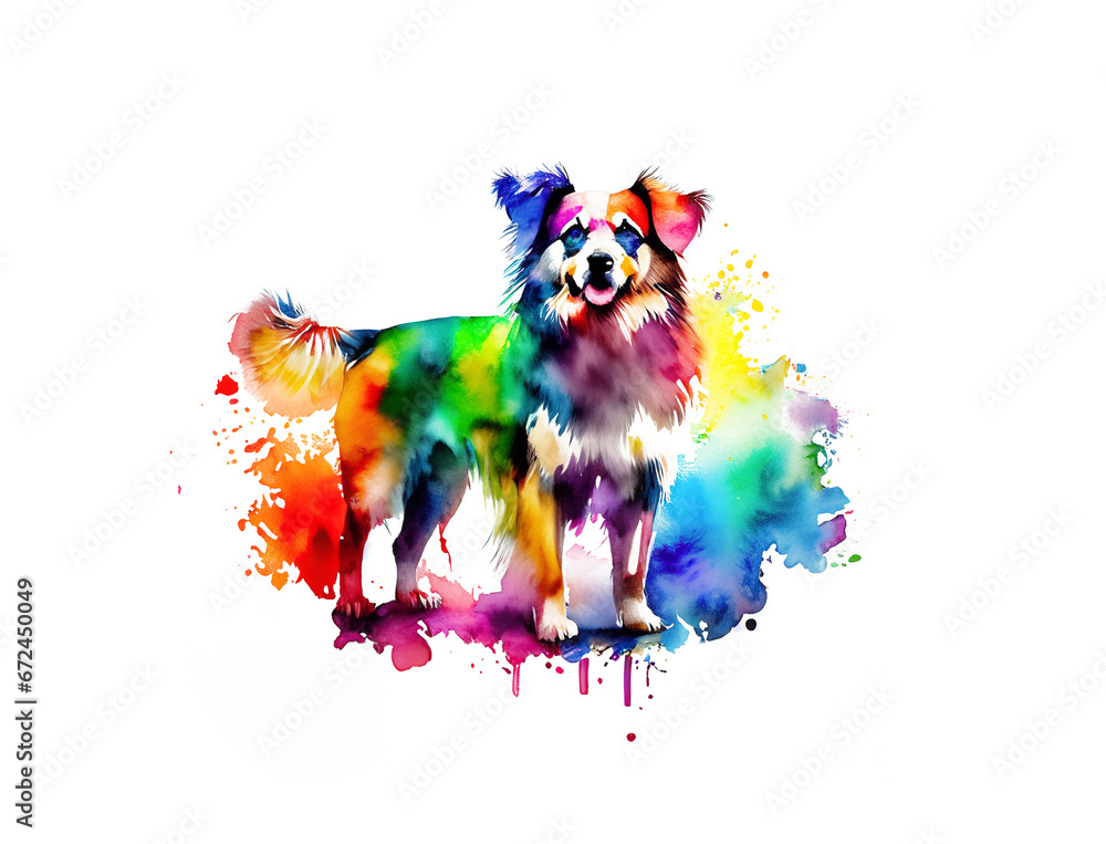 Fototapeta premium Hund, Hündin in regenbogen bunten Wasserfarben mit Spritzern und Kleksen vor einem weißen Hintergrund als Vorlage für Design Haus- und Nutztiere, Beschützer, Tierhaltung, Hunde, Züchter, Begleiter 